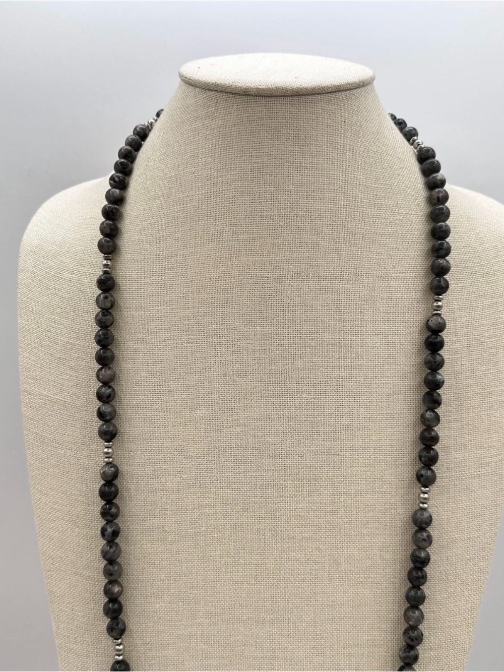 Gray Obsidian Beaded Necklace w/ Ohm Pendant Silver Spacers Yoga Buddhist Mala - Picture 4 of 6